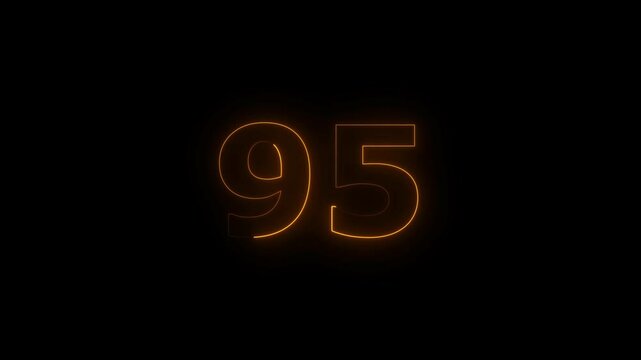 ninety five number display neon bright flat style orange color animation. Glowing orange color neon countdown timer 95 number animation on black background.