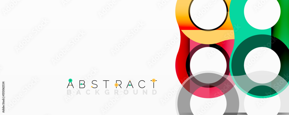 Poster Modern abstract design features overlapping circles, squares. Bright colors create dynamic visual effect on white background.