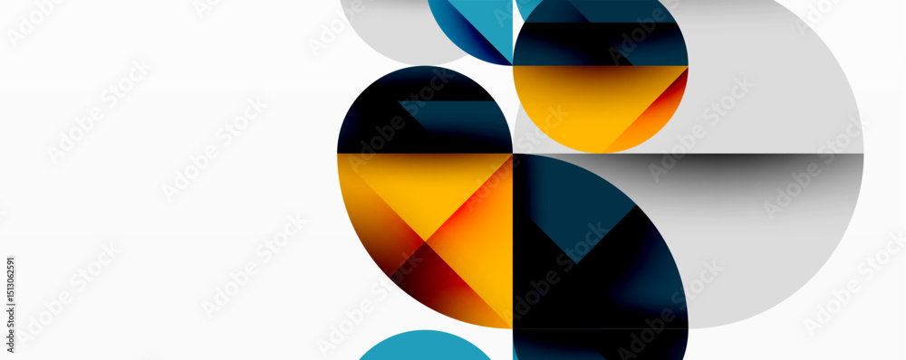 Poster Abstract geometric composition. Circles, segments overlap creating dynamic visual effect. Warm, cool colors present. Minimalist design.