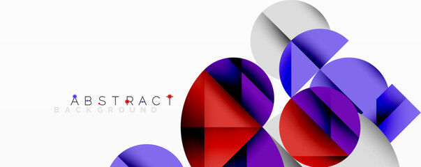 Geometric shapes overlap, creating vibrant color contrasts. Modern design features dynamic composition, smooth gradients.