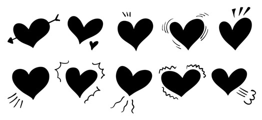 手書きのかわいいハートのイラストセット　ベクター黒