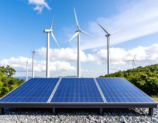 Wind turbines and solar panels on a hill