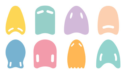Set of swimming kickboards icons. Colorful swim boards. Equipment for pool. Flat hand drawn vector illustration