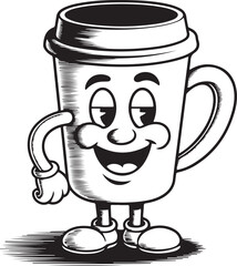 groovy retro coffee mug cartoon character vector illustration black color