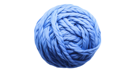 Close up of a single ball of bright blue yarn  in a studio shot image isolated on transparent background