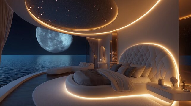 Modern bedroom with moonlit sea view