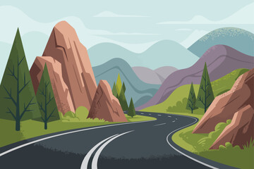 Winding Road Through Scenic Mountain Landscape with Evergreen Trees and Rock Formations.