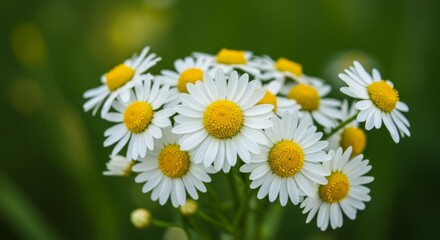 Fototapeta premium Close Up of White Daisies with Yellow Centers Against a Green Background