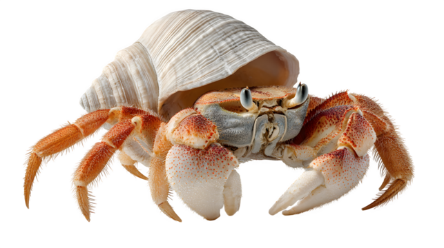 A crab holding a shell, isolated on white background