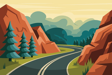 A Winding Road Through Mountains with Evergreen Trees and a Dreamy Sky.
