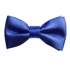 Close up shot of a blue textured bow tie with a central band   isolated on transparent background