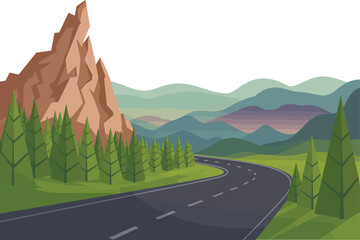 Winding Road Through a Mountain Landscape with Evergreen Trees and Distant Hills.