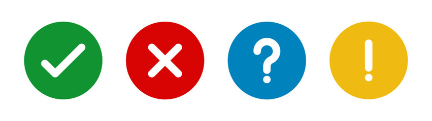 Check mark, cross, X, exclamation point, question mark and information mark vector. Tick, cross, exclamatory, question and info mark for right and wrong choices, Todo list, Choice list, feedback.