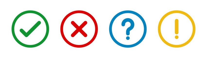 Check mark, cross, X, exclamation point, question mark and information mark vector. Tick, cross, exclamatory, question and info mark for right and wrong choices, Todo list, Choice list, feedback.