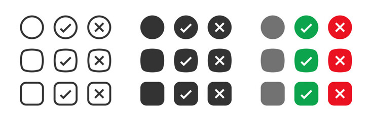 Blank checkbox, with check or cross isolated white background vector symbol for right and wrong choices. Todo list, Choice list. Checkmark icon set. Checkmark right symbol tick sign.