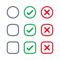 Obraz premium Blank checkbox, with green check or red cross isolated white background vector symbol for right and wrong choices. Todo list, Choice list. Checkmark icon set. Checkmark right symbol tick sign.