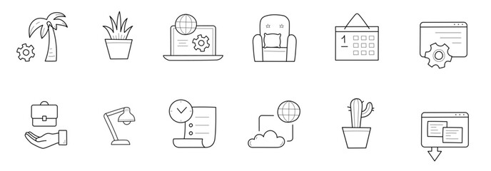  Home office, freelance doodle icons or signs set. vector