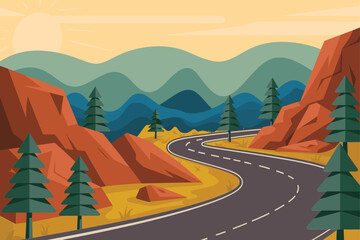 Scenic Road Trip: Mountain Landscape Illustration with Winding Road and Evergreen Trees