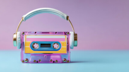 Colorful cassette tape with headphones evokes nostalgia against pastel background, blending retro and modern aesthetics