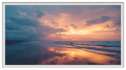 A framed photo of beach sunset, isolated on white background
