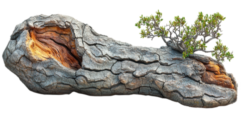 Ancient Weathered Wood Log Texture Background Natural Tree Bark Detail Closeup Photography Rustic Grey Brown Orange Colors  Detailed Cracked Surface  Small Green Plant Growing  Nature Scene Image life