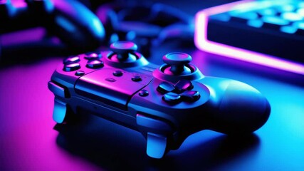 Explore dynamic gaming setup with colorful lights and wireless controllers for immersive entertainment experience