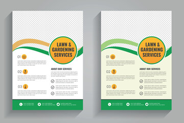 Lawn mower landscaping garden service flyer brochure cover template design. Tree and gardening service poster leaflet design. lawnmower flyer template.