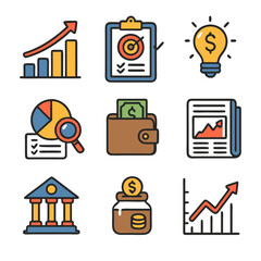 Colorful Business Finance Icons Set Growth Chart and Investment Ideas
