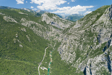 Aerial view of Moraca river canyon. Montenegro