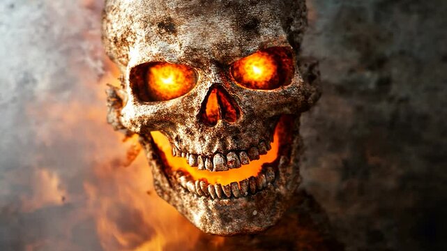 Skull in fire and smoke glowing light grim imagery