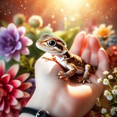 Adorable Baby Dragon Sitting on Hand with Vibrant Floral Background. Generative AI
