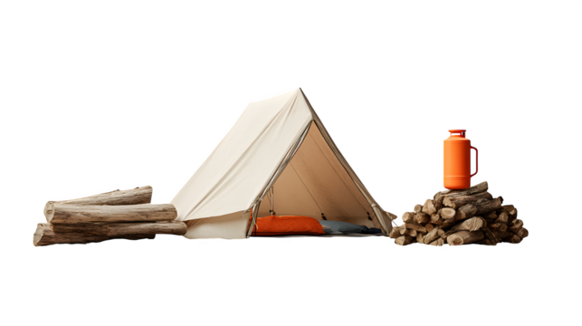 A minimal beach camping scene: pop-up tent, water jug, firewood pile, isolated on white