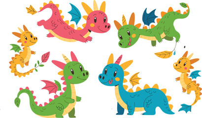 Colorful cute cartoon dragons, fantasy creatures, playful characters, children’s illustration, whimsical design, friendly monsters, vibrant mythical animals, kids’ book art, fun dragons