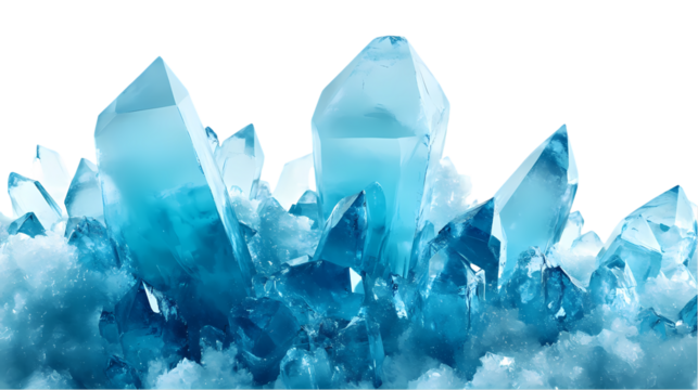 A close up shot of a cluster of light blue crystals with  in a studio setting isolated on transparent background