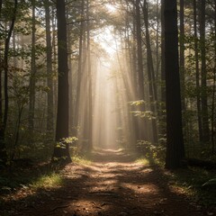Fototapeta premium Sunbeams Illuminate Misty Forest Path