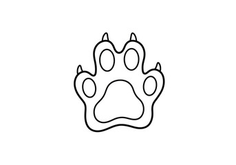 Cat paw drawing. It is a black and white outline image of a feline's paw print, featuring soft pads and visible claws, ideal for animal motifs. Vector sketch line art draw.