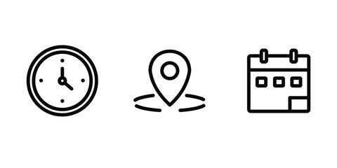 Location, Date, Time Icon Set includes location, calendar, illustration.