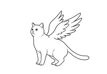 Obraz premium Cat with wings drawing. It is a black and white outline image of a whimsical feline, a cat with angel wings, symbolizing grace, freedom, or heavenly pets. Vector sketch line art draw.