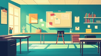 Bright and Colorful Classroom with Desks and Learning Materials