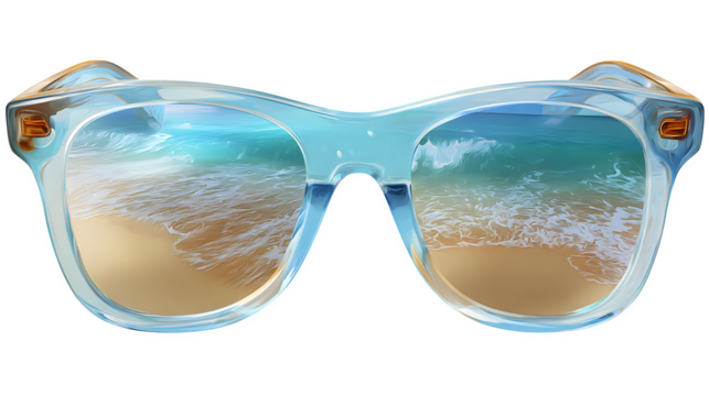 A pair of sunglasses with reflection of a beach, isolated on transparent background