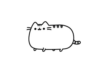Pusheen drawing. It is a black and white outline image of the popular cartoon feline, Pusheen, a chubby cat with a relaxed and endearing expression. Vector sketch line art draw.