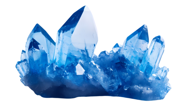 A cluster of translucent light blue crystals with sharp peaks   view from front isolated on transparent background