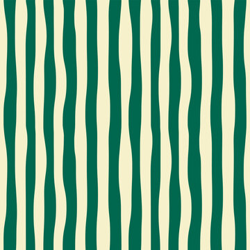 Abstract modern seamless monochrome geometric pattern of vertical green curved stripes on light background, hand drawn vector illustration, drawing, flat style