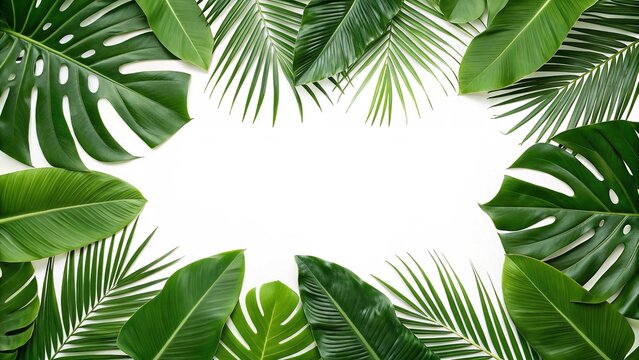 Tropical leaves background monstera palm banana leaf summer green foliage frame white space for text design - Powered by Adobe