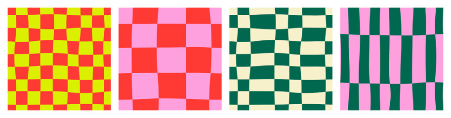 Seamless abstract contemporary colorful minimal bright set of checkered, striped and chess patterns on light background; red, pink, green colors; simple hand drawn vector illustration, flat style