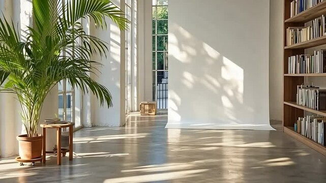 Bright indoor space with plant sunlight and bookshelf background