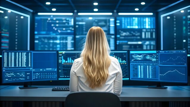 Data Analyst Working in High-Tech Control Room with Multiple Monitors Showing Charts and Graphs