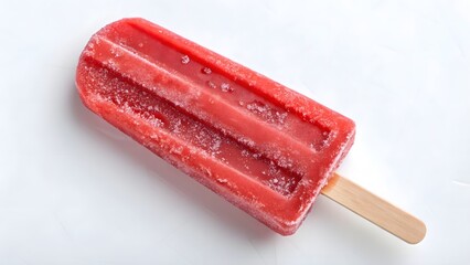Refreshing Red Fruit Popsicle with Ice Crystals on Wooden Stick Against a Clean White Background