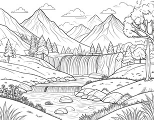 Majestic Mountain Waterfall Black and White Line Art Coloring Page