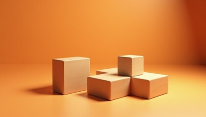 Warm Timber Display Stack of Wooden Blocks on a Seamless Orange Backdrop for Presentation